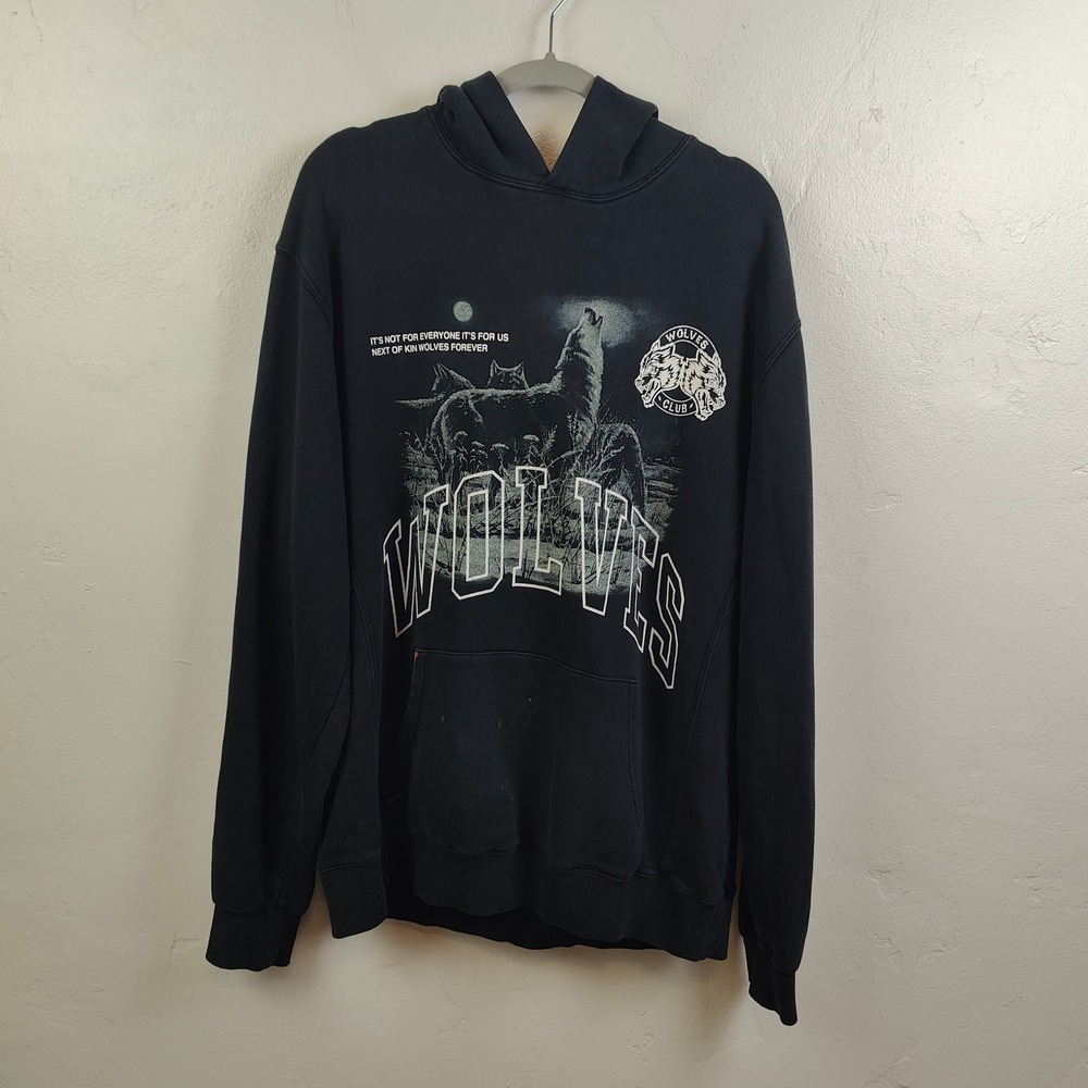 Darc Sport Men Wolves Club Top Large Black Graphic Hoodie Distressed Streetwear - Picture 2 of 9